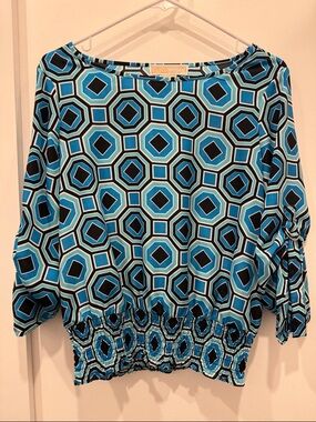 Michael Kors Teal and Black Geometric Boatneck Blouse